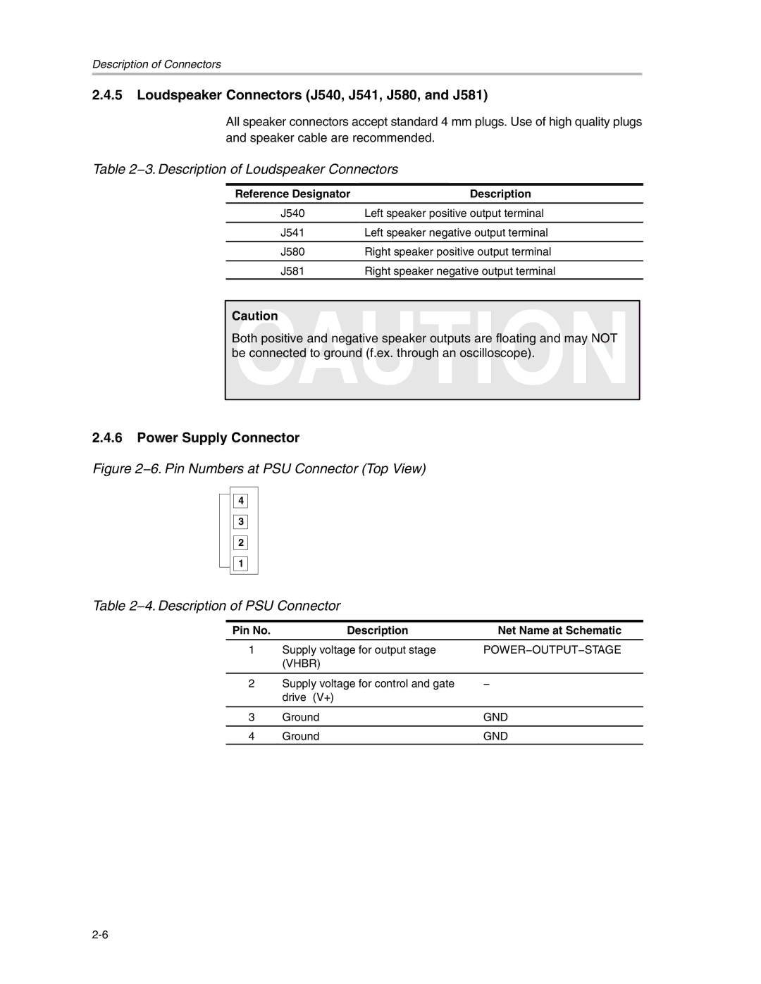 Texas Instruments SLEU056 manual Loudspeaker Connectors J540, J541, J580, and J581, Power Supply Connector 