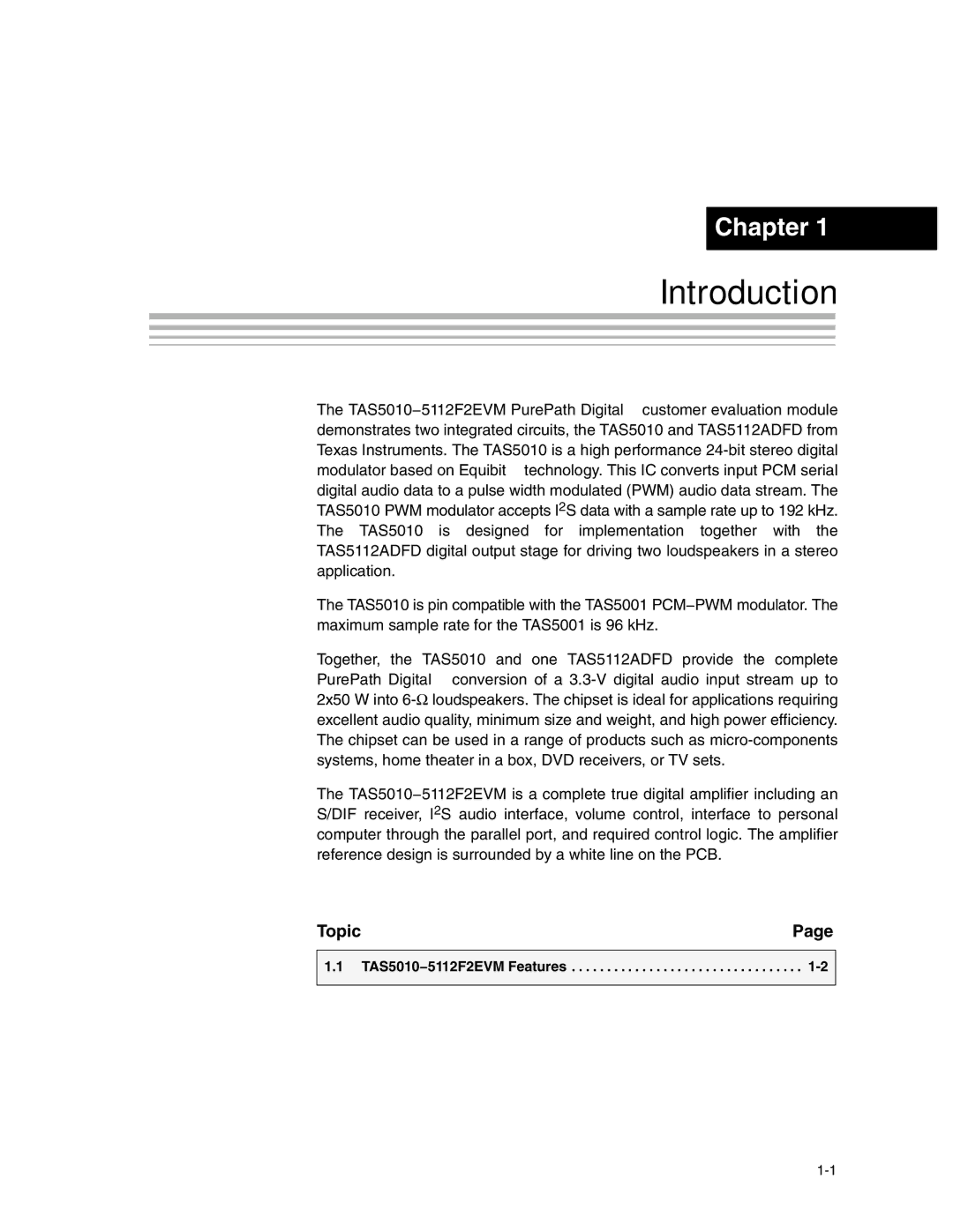 Texas Instruments SLEU056 manual Introduction, Topic, TAS5010−5112F2EVM Features 