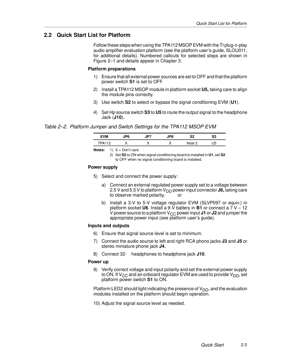 Texas Instruments SLOU023A manual Quick Start List for Platform, Platform preparations 