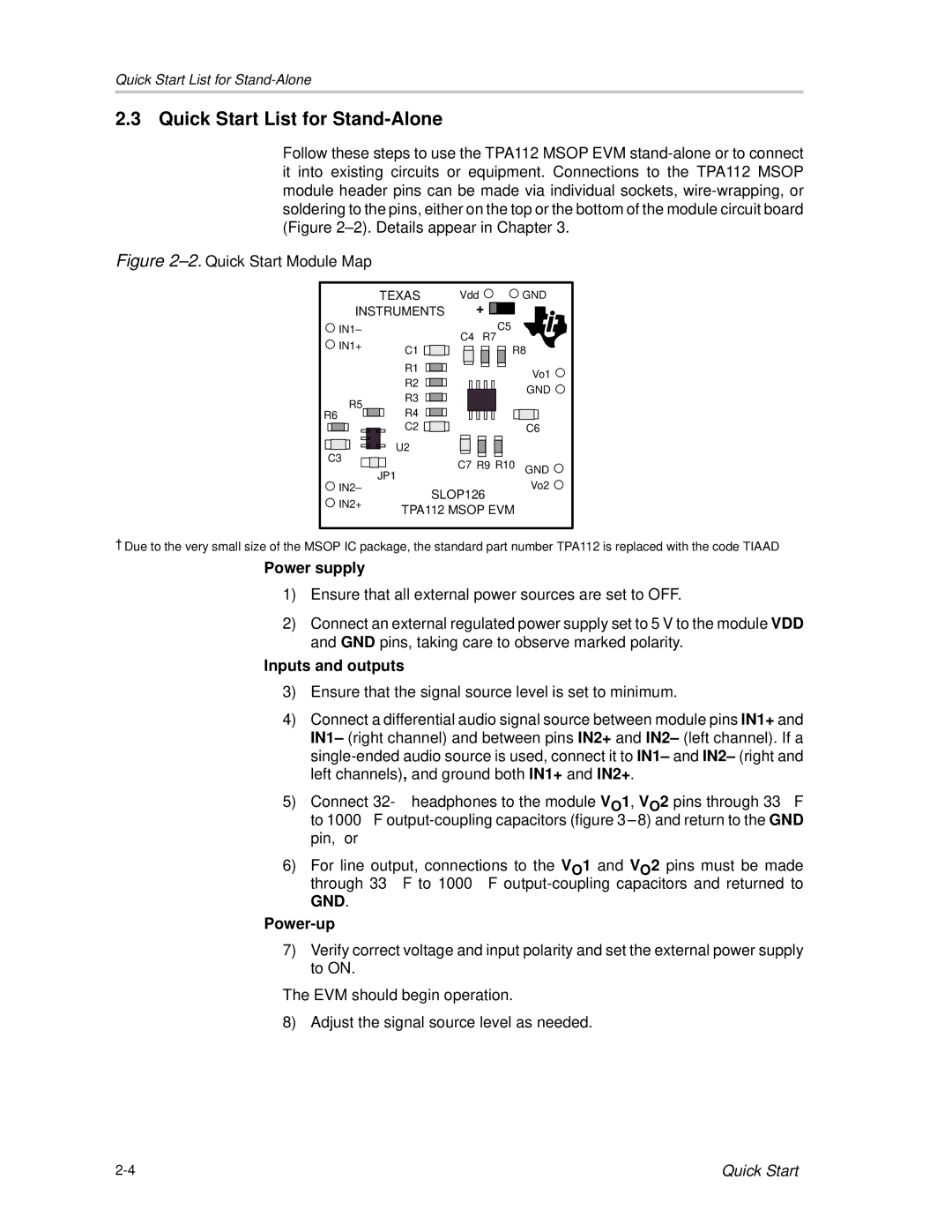 Texas Instruments SLOU023A manual Quick Start List for Stand-Alone, GND Power-up 