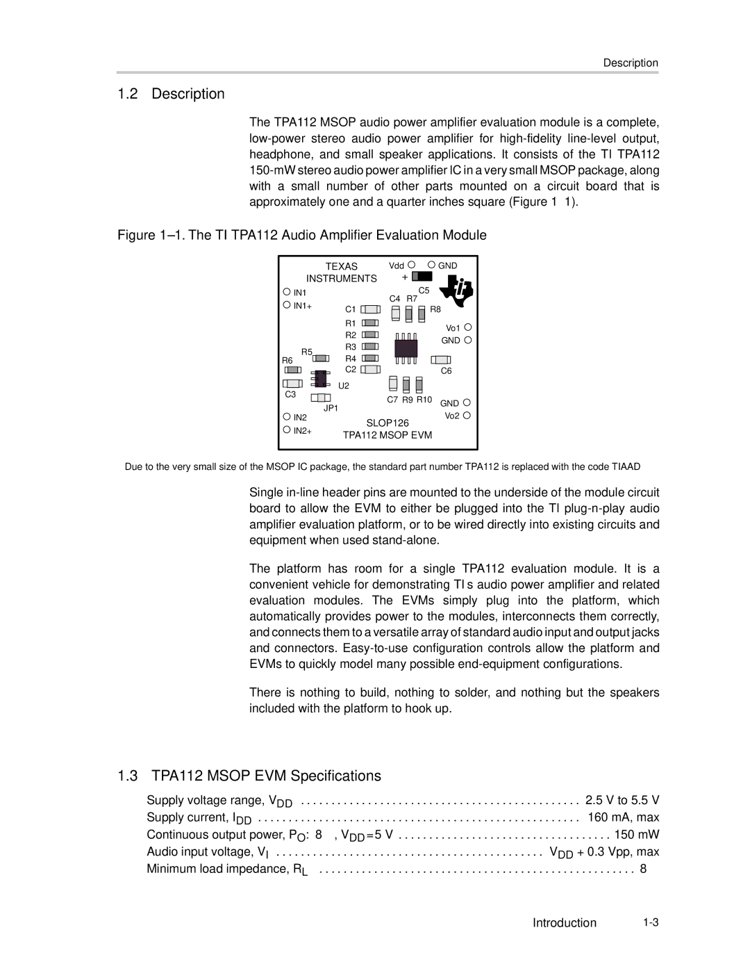 Texas Instruments SLOU023A manual Description, TPA112 Msop EVM Specifications 