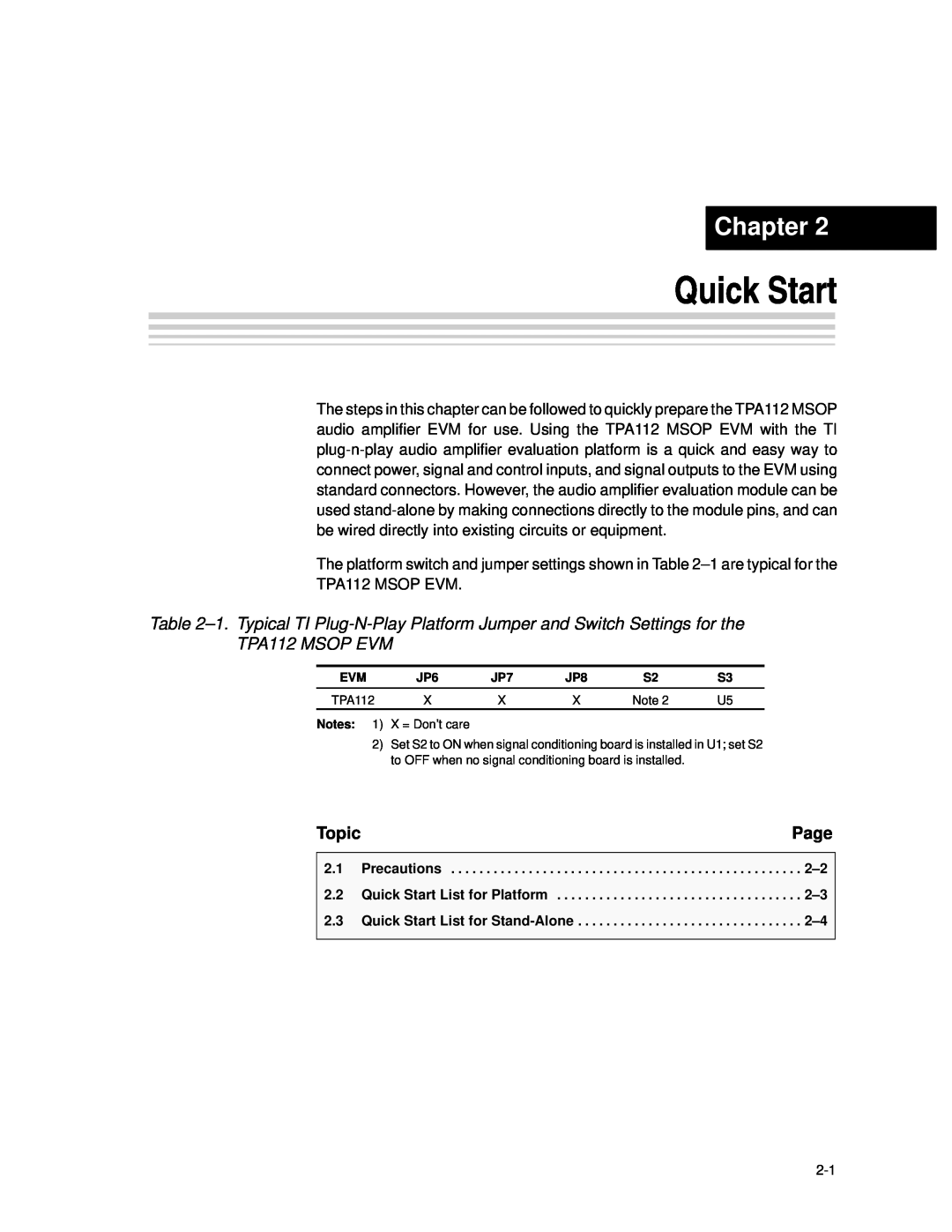 Texas Instruments SLOU023A manual Chapter, Page, Topic, Precautions, Quick Start List for Platform 