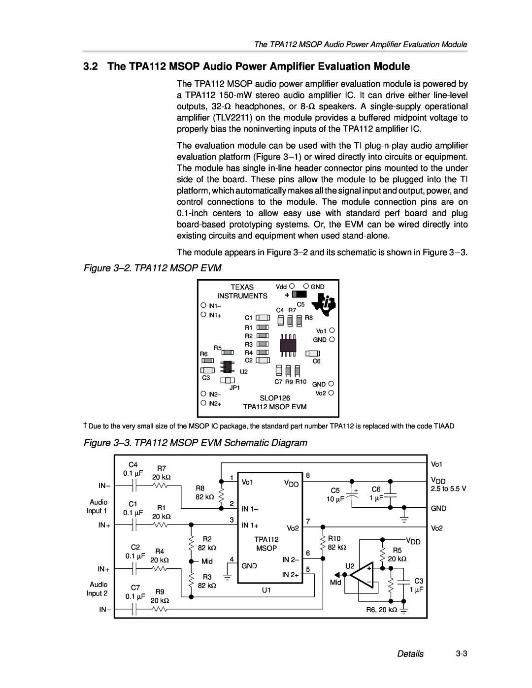 Texas Instruments SLOU023A manual 2.TPA112 MSOP EVM, 3.TPA112 MSOP EVM Schematic Diagram, Details 