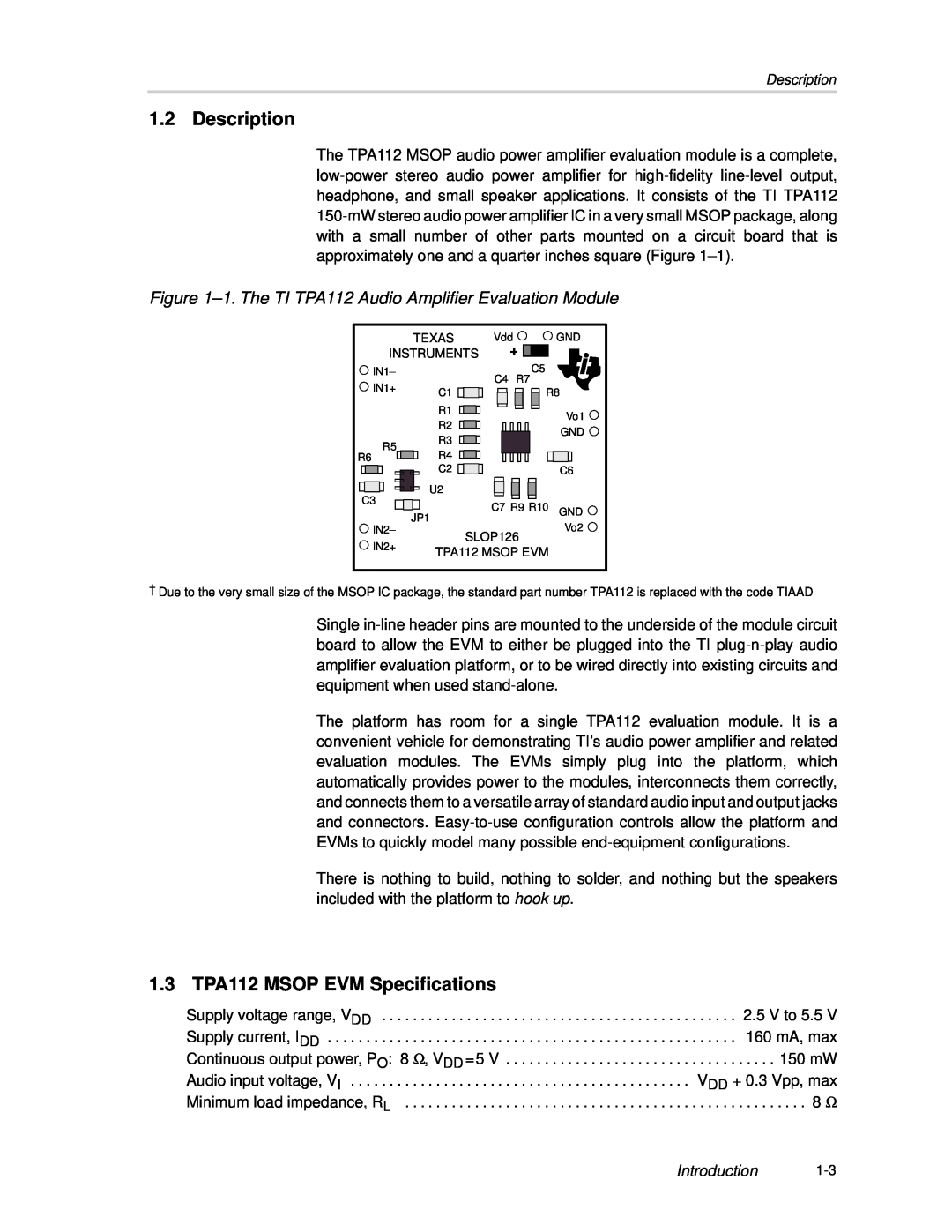 Texas Instruments SLOU023A manual Description, 1.3 TPA112 MSOP EVM Specifications, Introduction 