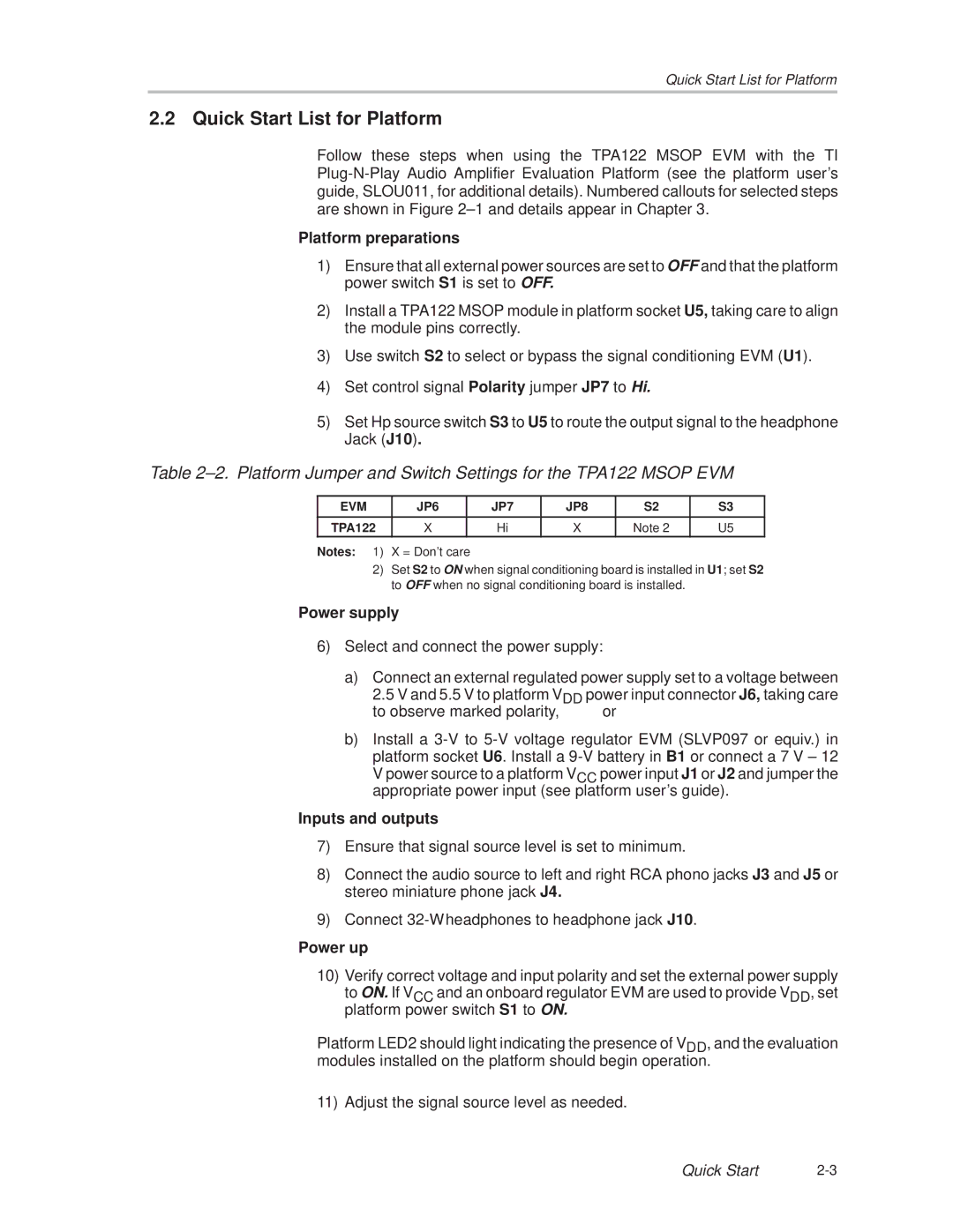 Texas Instruments SLOU025 manual Quick Start List for Platform, Platform preparations 