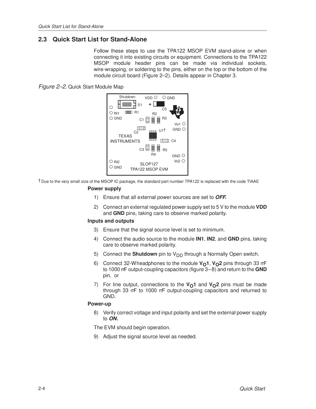 Texas Instruments SLOU025 manual Quick Start List for Stand-Alone, Power-up 