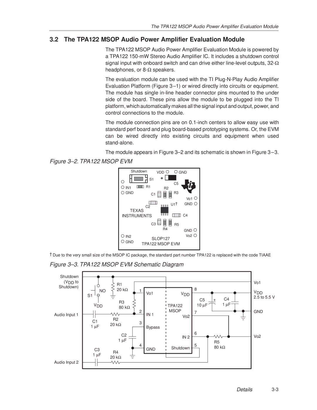 Texas Instruments SLOU025 manual TPA122 Msop Audio Power Amplifier Evaluation Module, ±2. TPA122 Msop EVM 