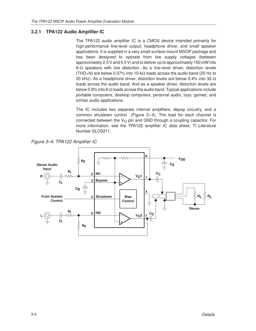 Texas Instruments SLOU025 manual 1 TPA122 Audio Amplifier IC, ±4. TPA122 Amplifier IC 