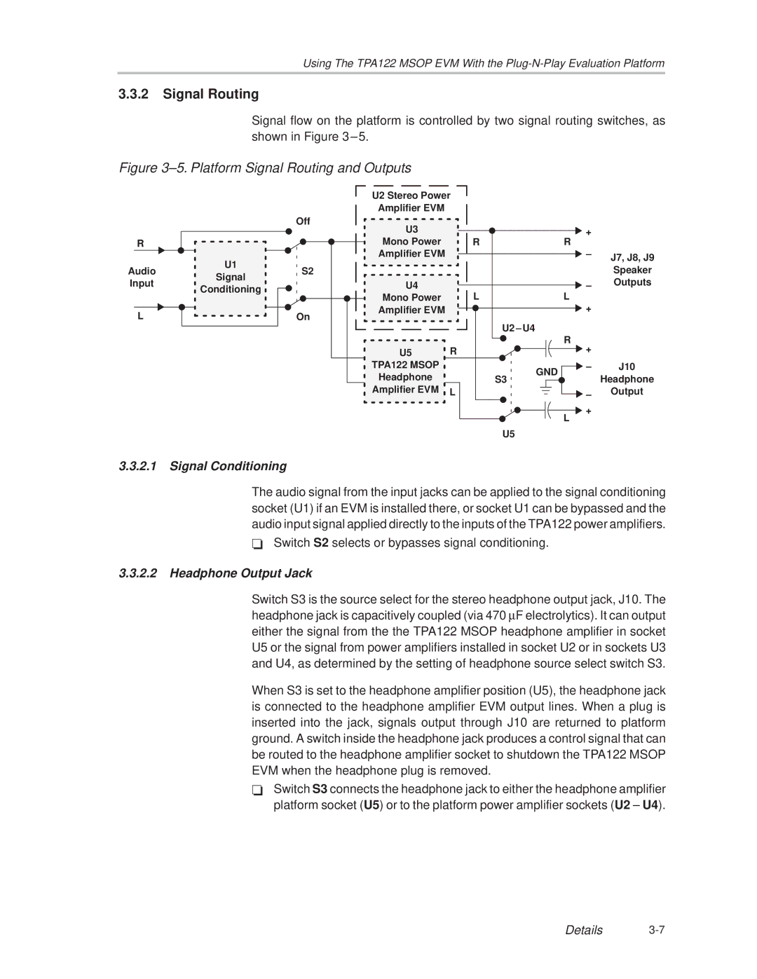 Texas Instruments SLOU025 manual Signal Routing, Off U2 Stereo Power Amplifier EVM 
