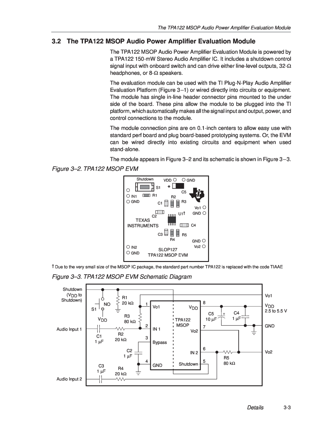 Texas Instruments SLOU025 manual ±2. TPA122 MSOP EVM, ±3. TPA122 MSOP EVM Schematic Diagram, Details 