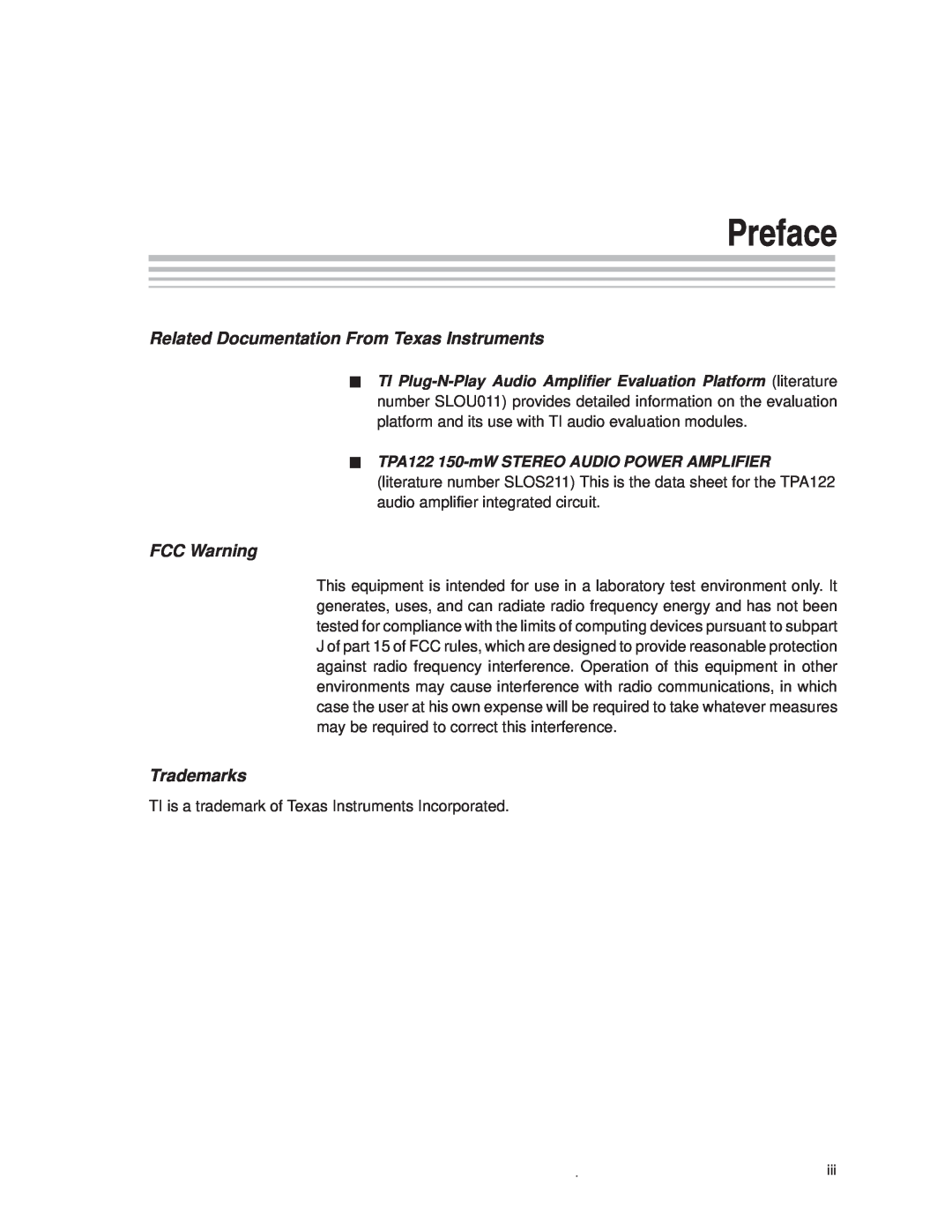Texas Instruments SLOU025 manual Preface, Related Documentation From Texas Instruments, FCC Warning, Trademarks 