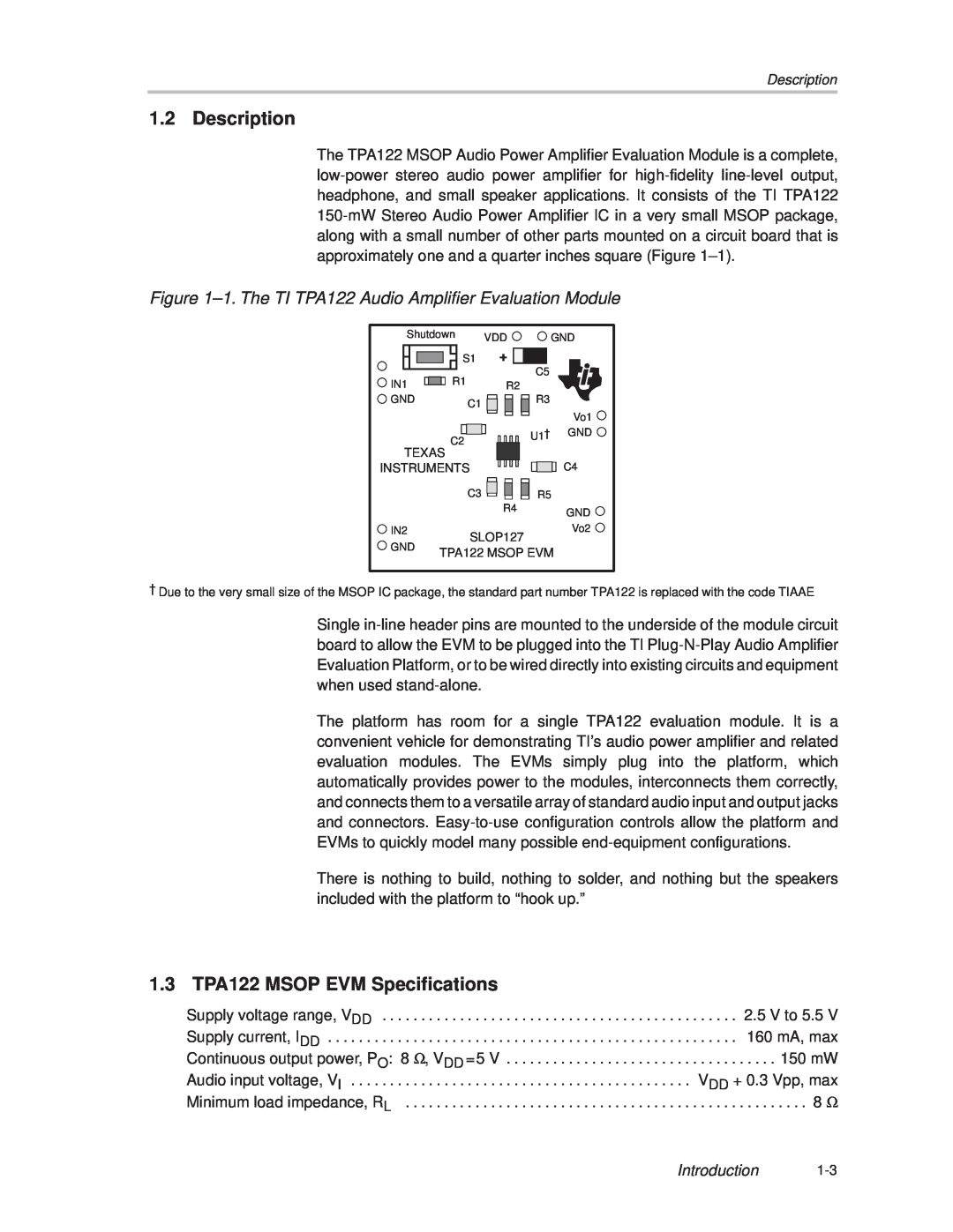 Texas Instruments SLOU025 manual Description, 1.3 TPA122 MSOP EVM Specifications, Introduction 