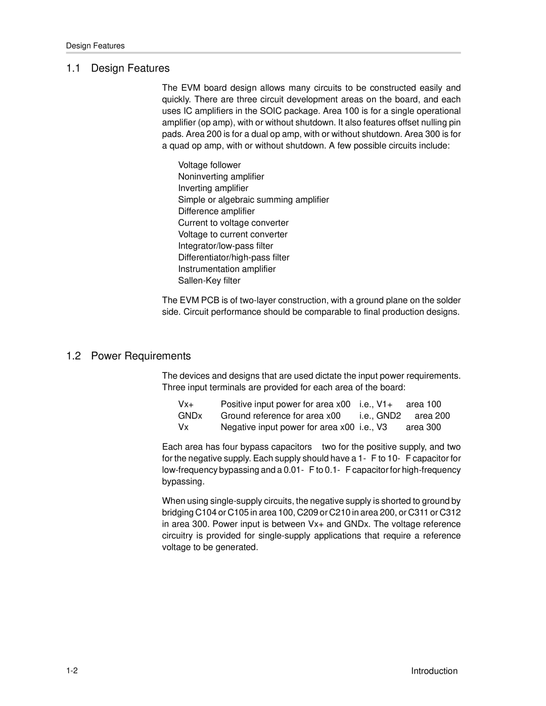 Texas Instruments SLOU061A manual Design Features, Power Requirements 