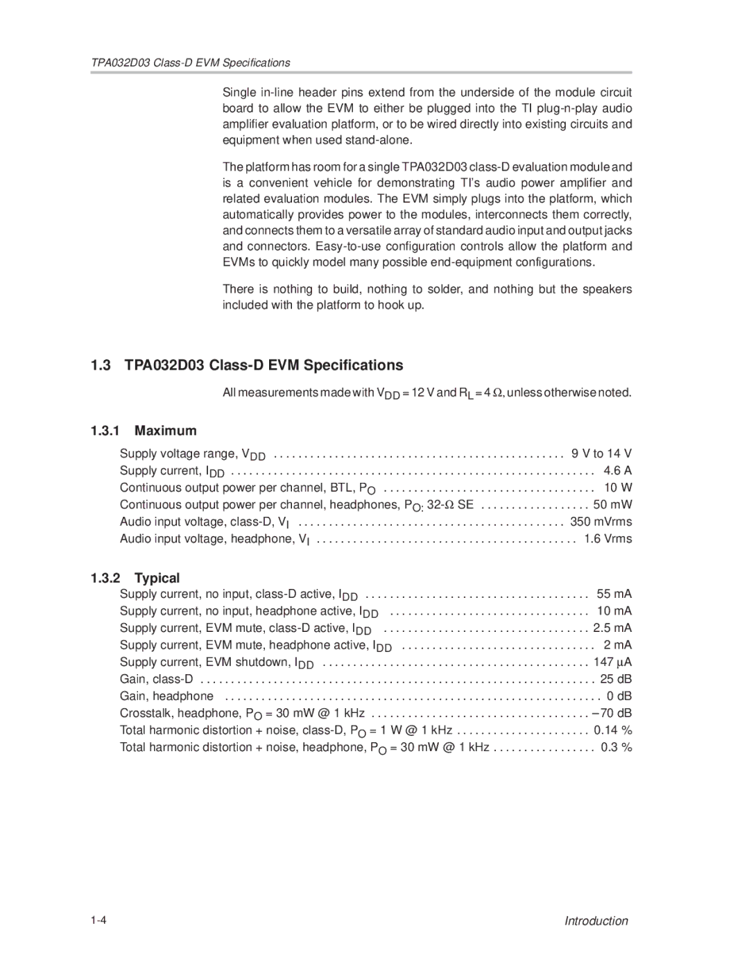 Texas Instruments SLOU082 manual TPA032D03 Class-D EVM Specifications, Maximum, Typical 