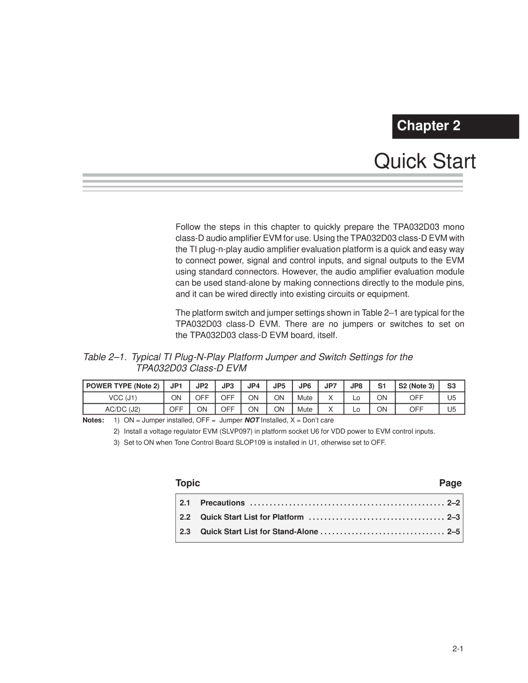 Texas Instruments SLOU082 manual Quick Start, JP1 JP2 JP3 JP4 JP5 JP6 JP7 JP8 