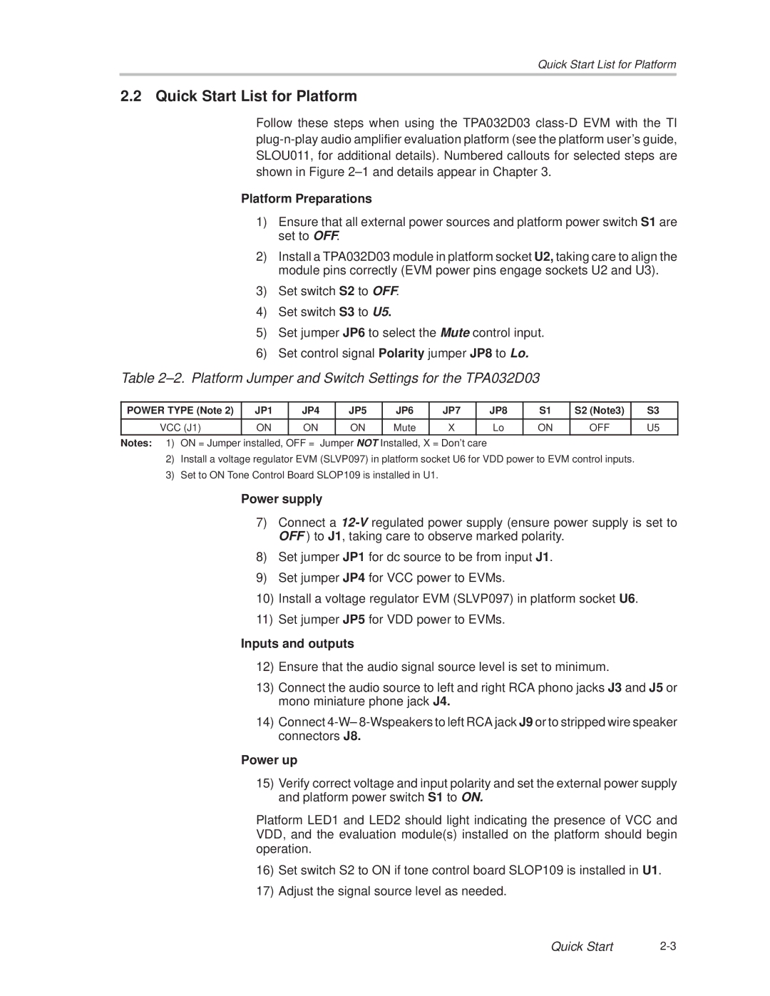 Texas Instruments SLOU082 manual Quick Start List for Platform, Platform Preparations 