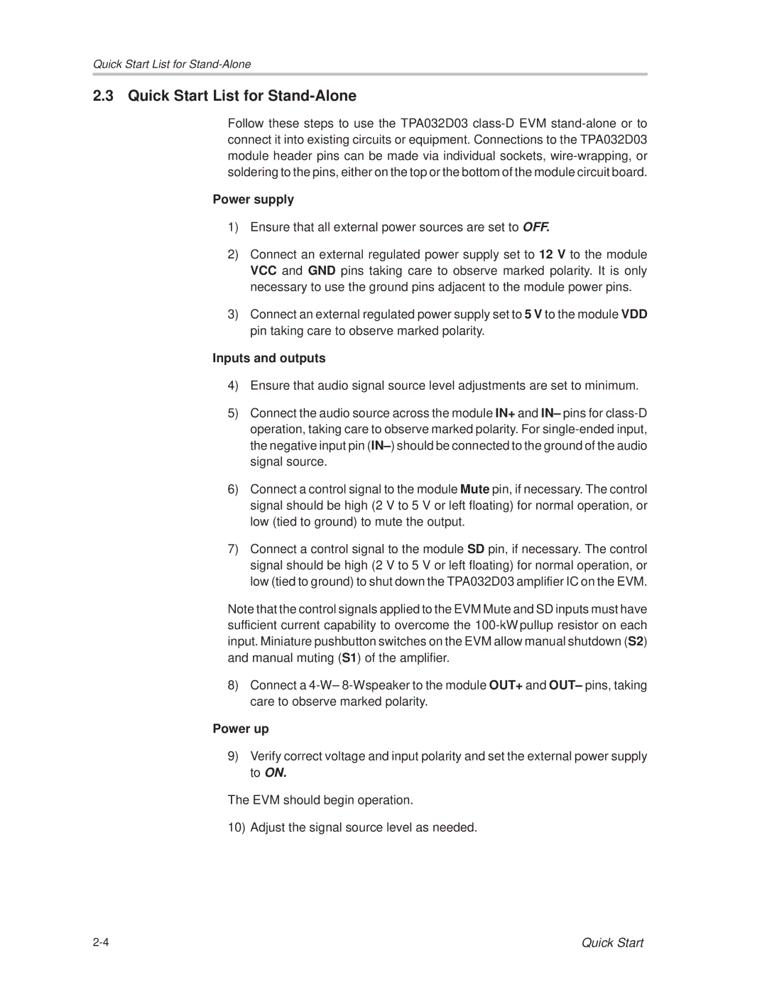 Texas Instruments SLOU082 manual Quick Start List for Stand-Alone 