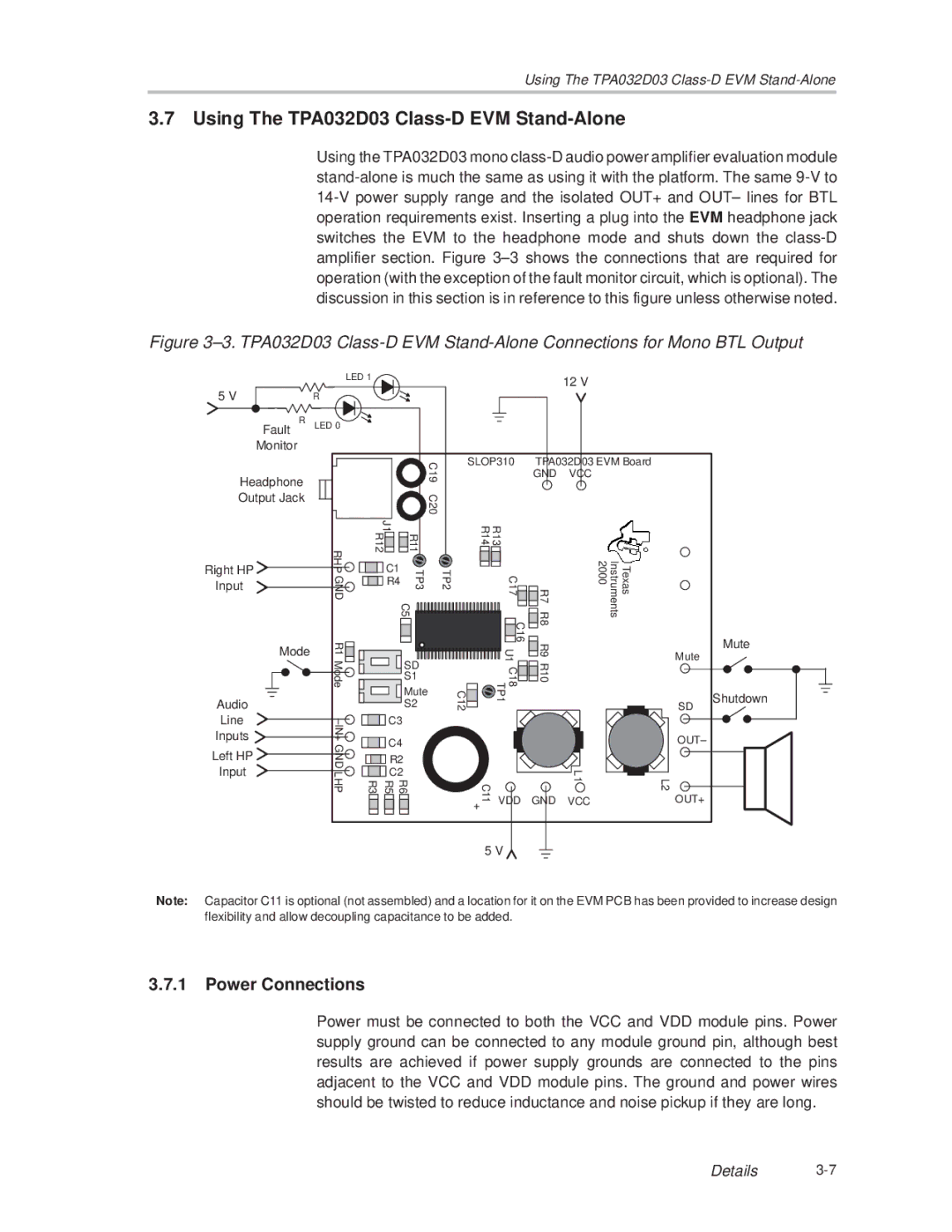 Texas Instruments SLOU082 manual Using The TPA032D03 Class-D EVM Stand-Alone, Power Connections 