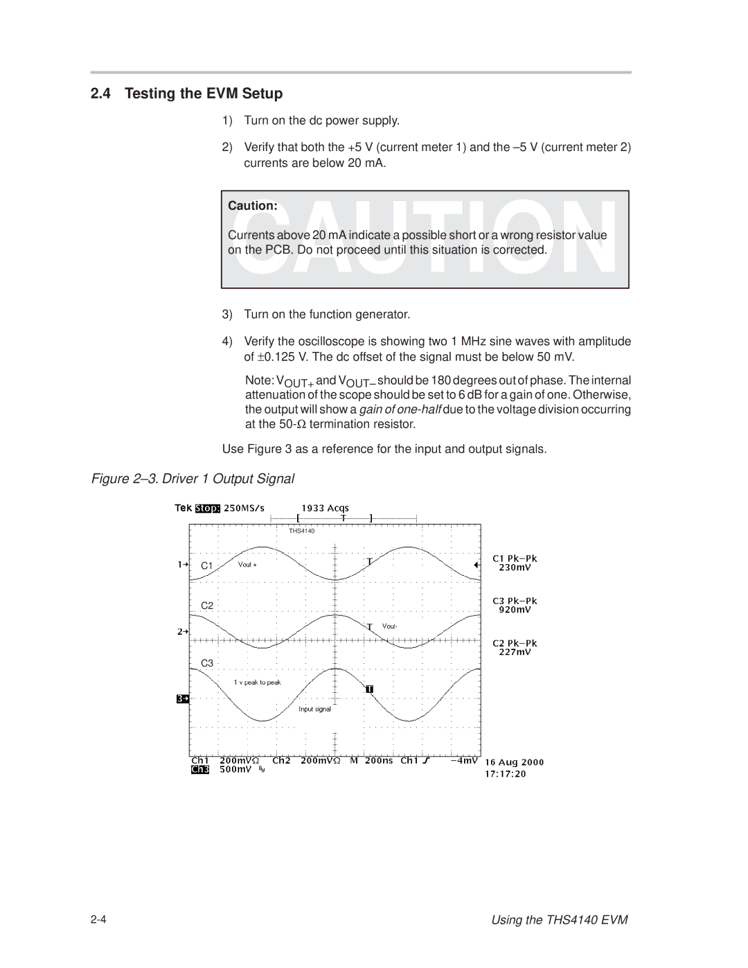 Texas Instruments SLOU106 manual Testing the EVM Setup, ±3. Driver 1 Output Signal 