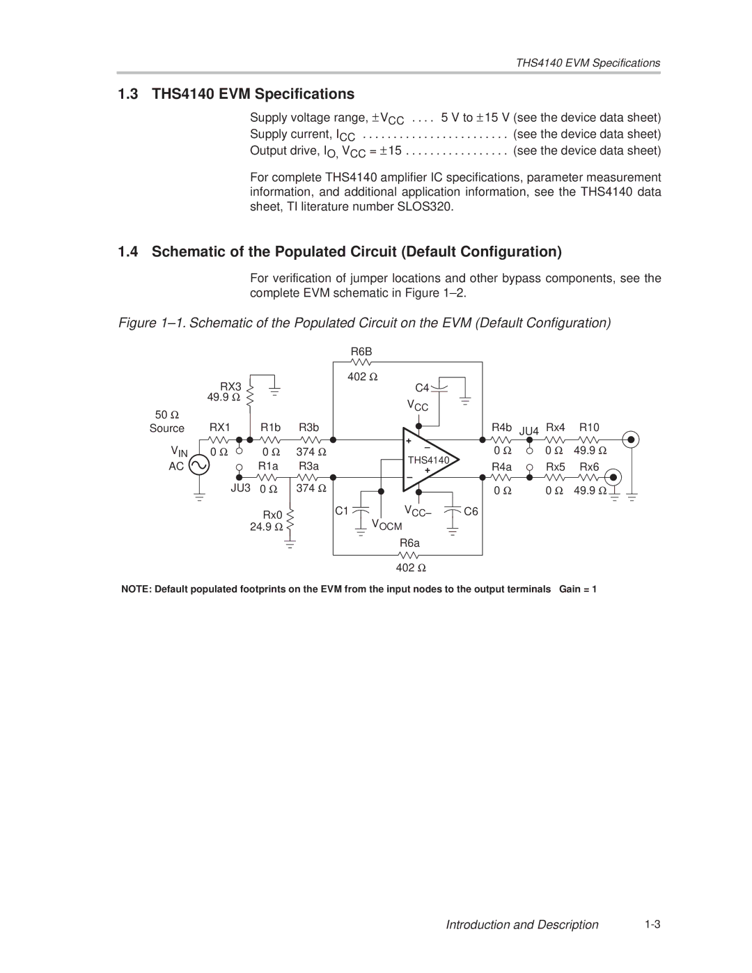 Texas Instruments SLOU106 manual THS4140 EVM Specifications, Schematic of the Populated Circuit Default Configuration 