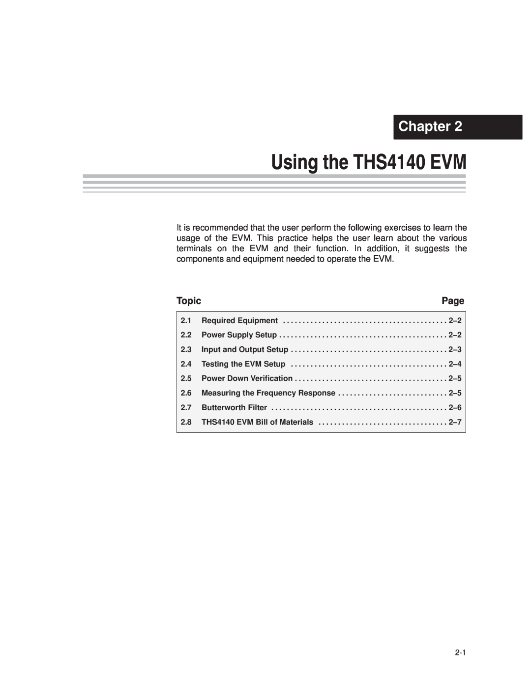Texas Instruments SLOU106 manual Using the THS4140 EVM, Chapter, Page, Topic 