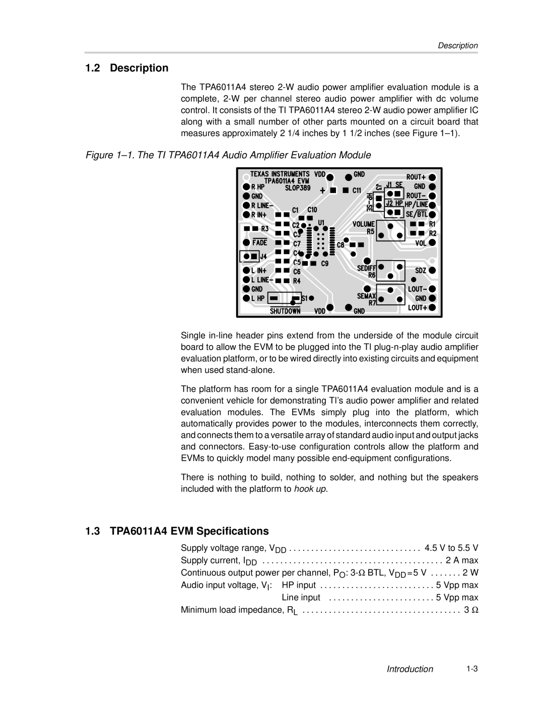 Texas Instruments SLOU121 manual Description, TPA6011A4 EVM Specifications 