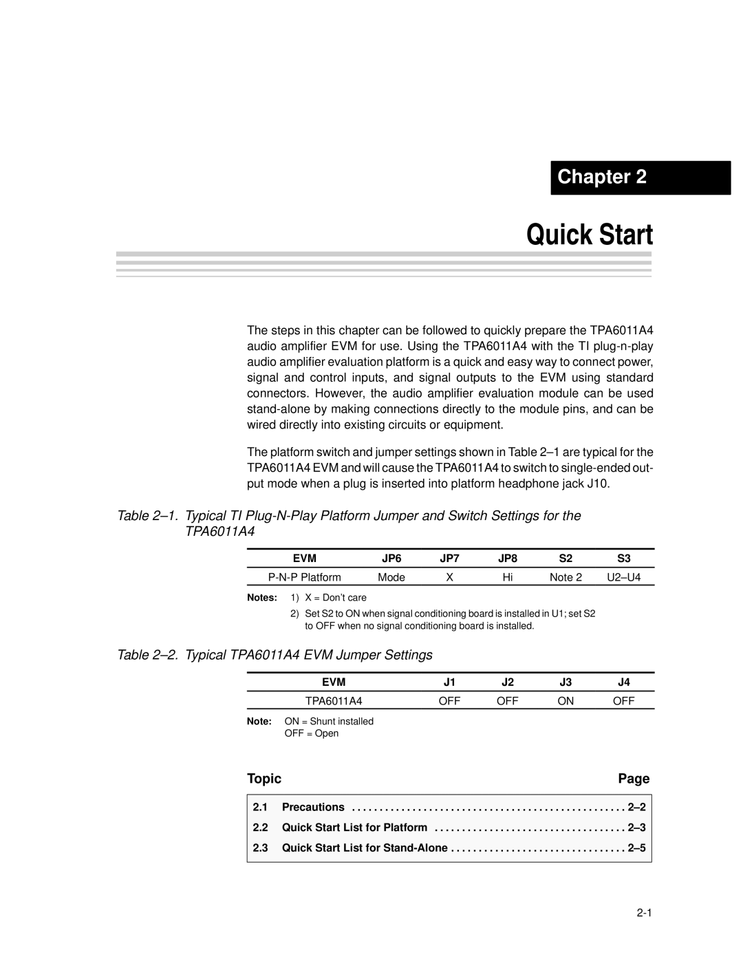 Texas Instruments SLOU121 manual Quick Start, EVM JP6 JP7 