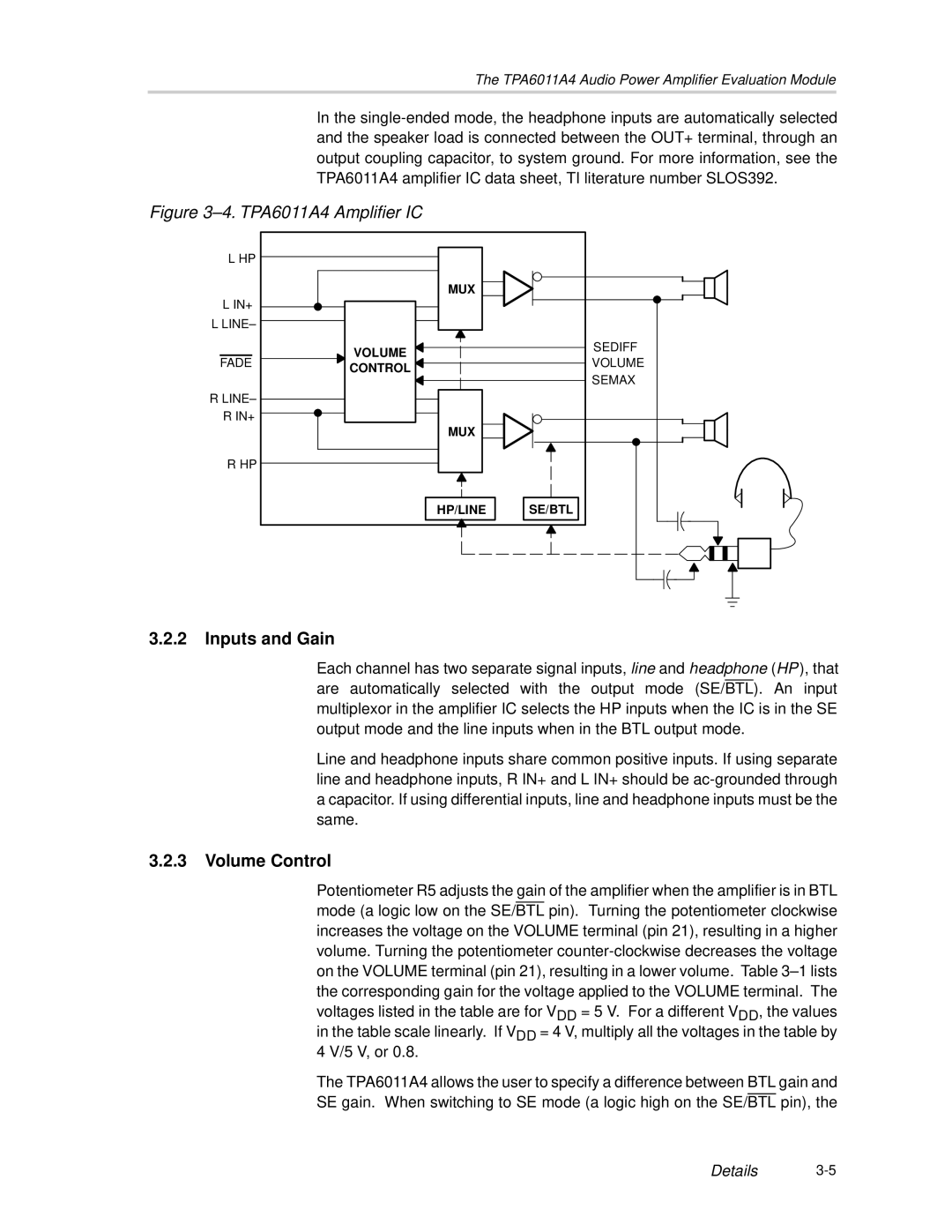 Texas Instruments SLOU121 manual Inputs and Gain, Volume Control 