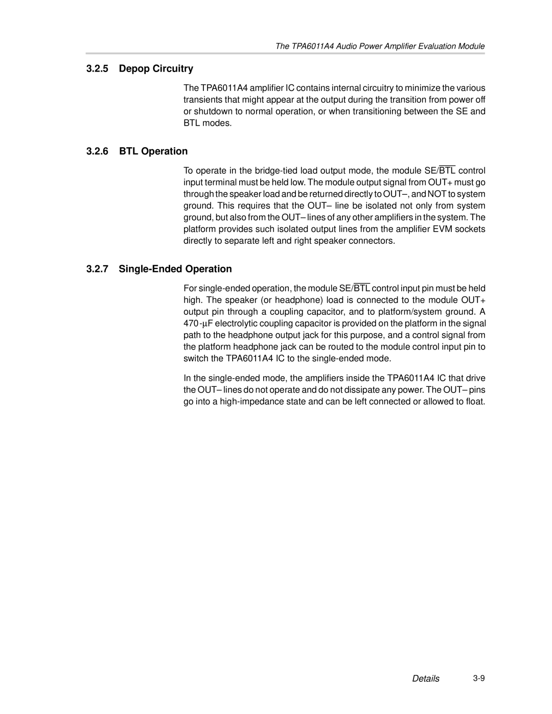Texas Instruments SLOU121 manual Depop Circuitry, BTL Operation, Single-Ended Operation 