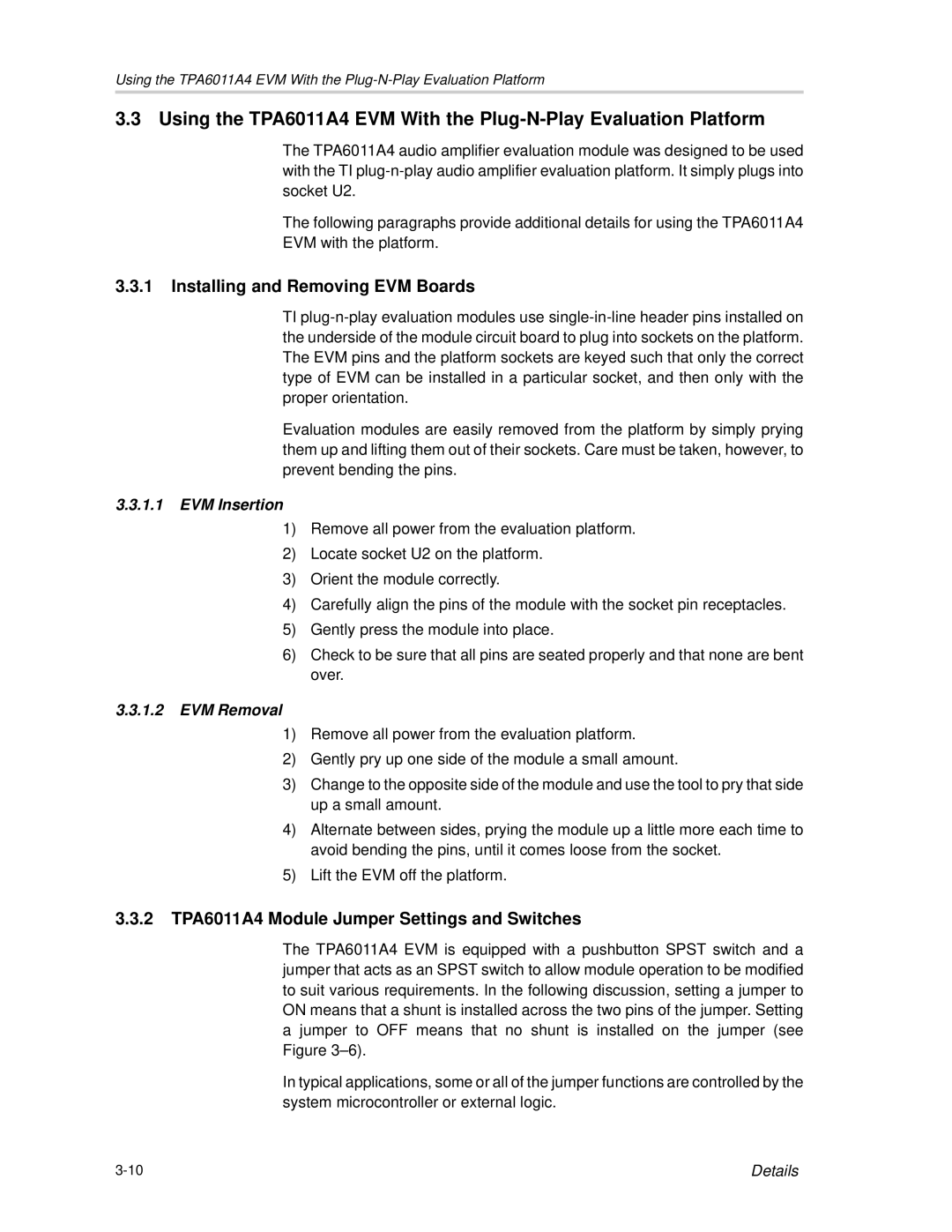 Texas Instruments SLOU121 Installing and Removing EVM Boards, 2 TPA6011A4 Module Jumper Settings and Switches, EVM Removal 
