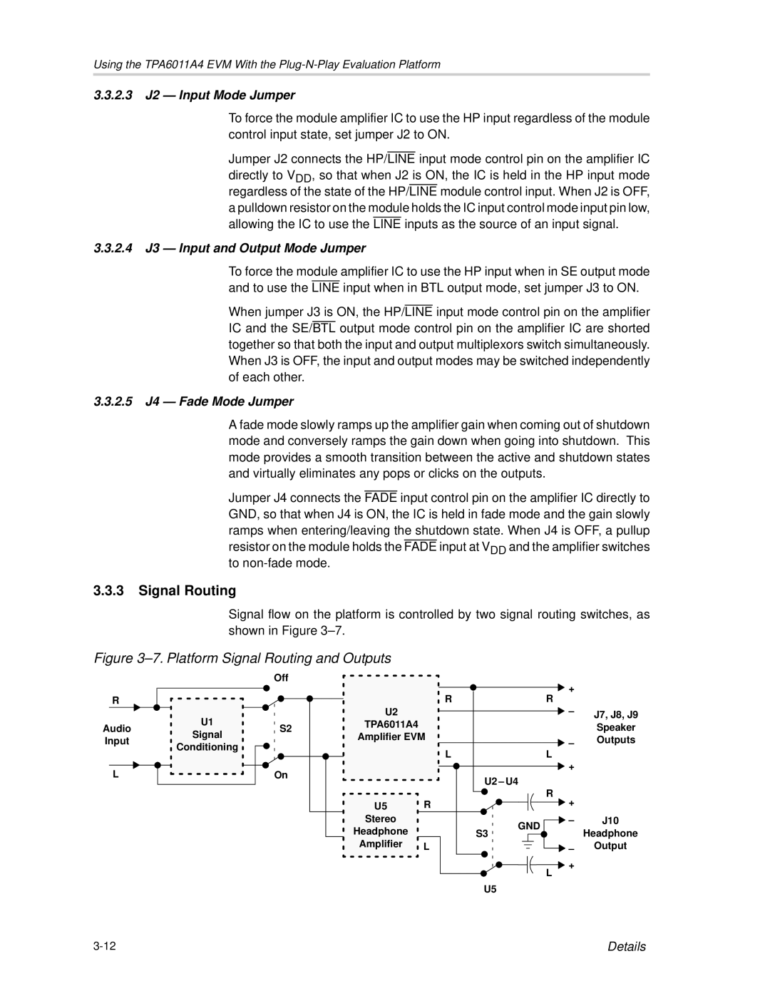 Texas Instruments SLOU121 manual Signal Routing, 2.3 J2 Input Mode Jumper, 2.4 J3 Input and Output Mode Jumper, Details 