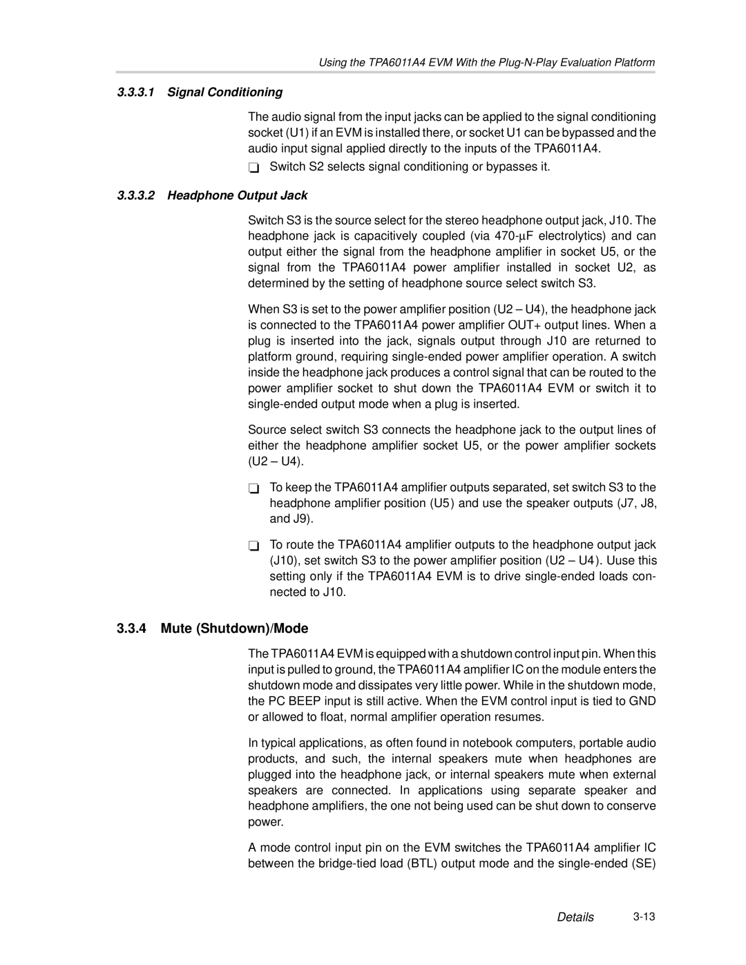 Texas Instruments SLOU121 manual Mute Shutdown/Mode, Signal Conditioning, Headphone Output Jack 