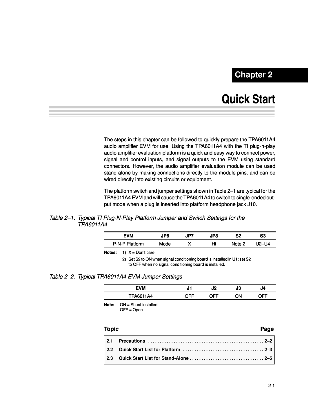 Texas Instruments SLOU121 manual Quick Start, Chapter, 2.Typical TPA6011A4 EVM Jumper Settings, Page, Topic 