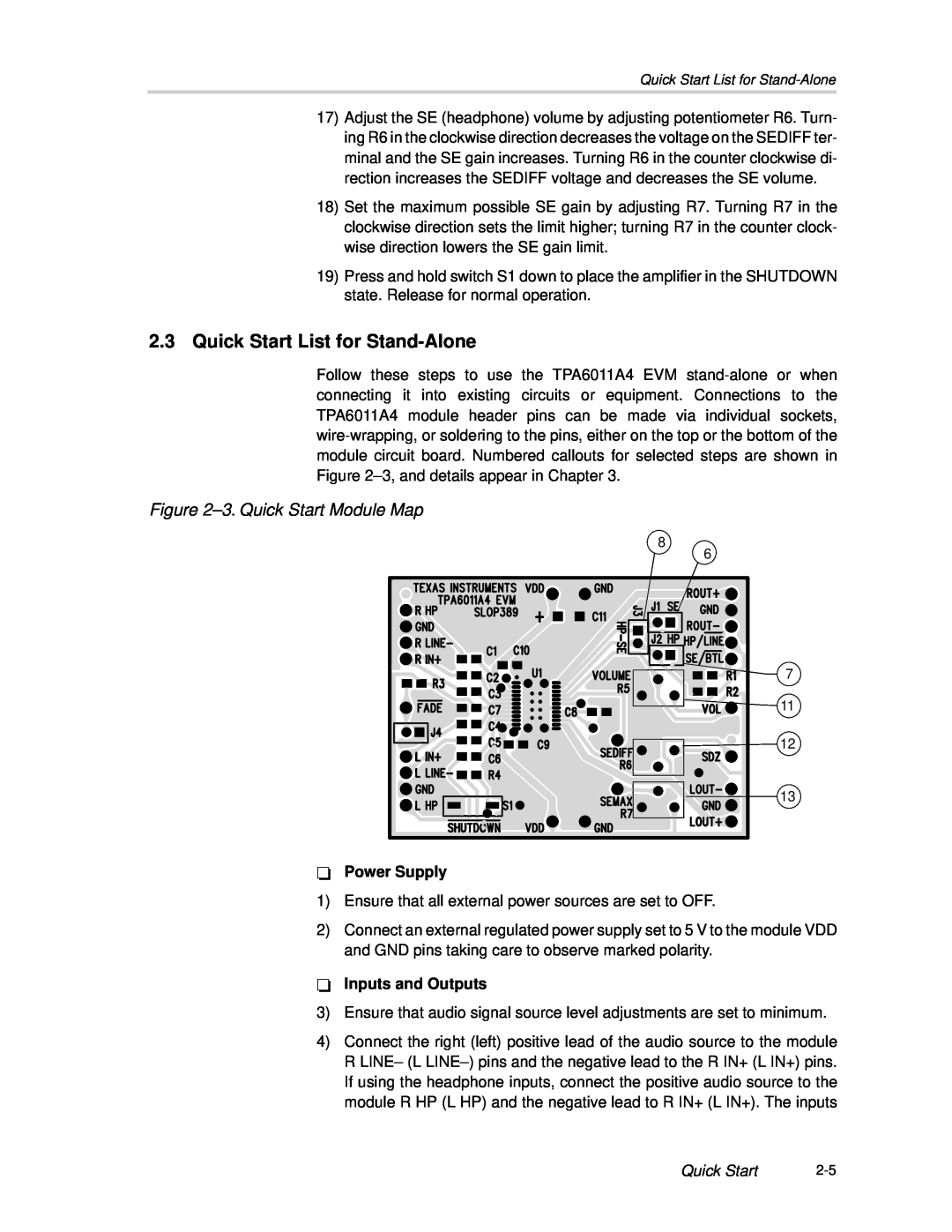 Texas Instruments SLOU121 manual 2.3Quick Start List for Stand-Alone, 3.Quick Start Module Map 