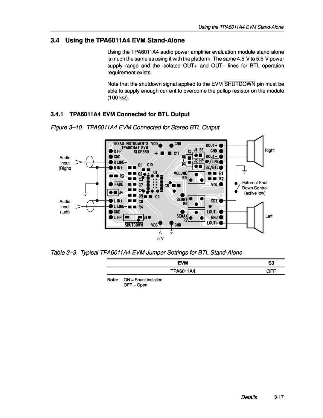 Texas Instruments SLOU121 manual Using the TPA6011A4 EVM Stand-Alone, 3.4.1TPA6011A4 EVM Connected for BTL Output 