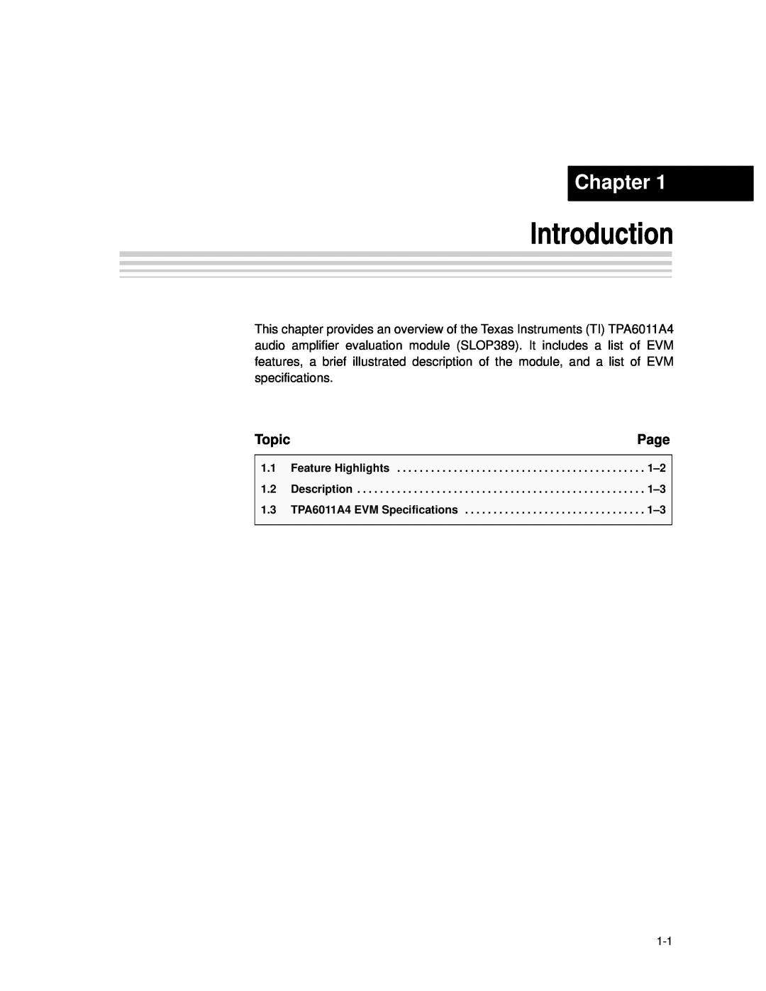 Texas Instruments SLOU121 manual Introduction, Chapter, Page, Topic, Feature Highlights, Description 