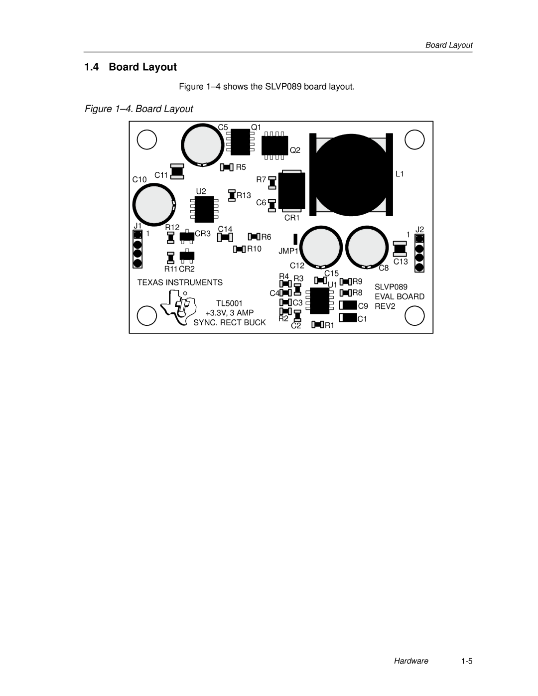 Texas Instruments manual Board Layout, Shows the SLVP089 board layout 