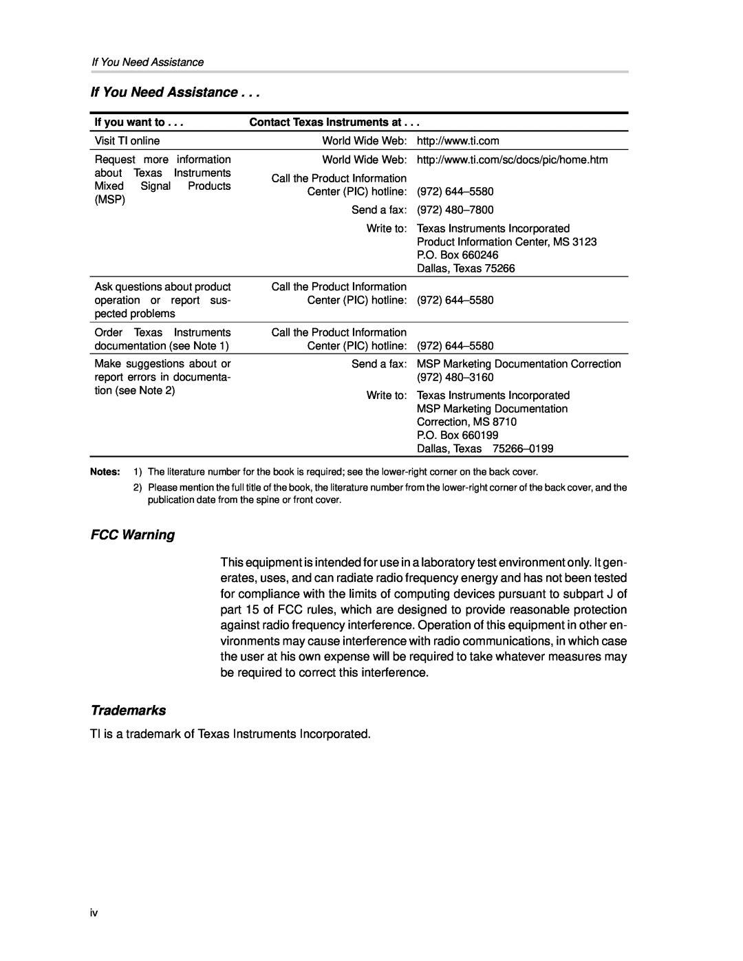 Texas Instruments SLVP089 manual If You Need Assistance, FCC Warning, Trademarks 