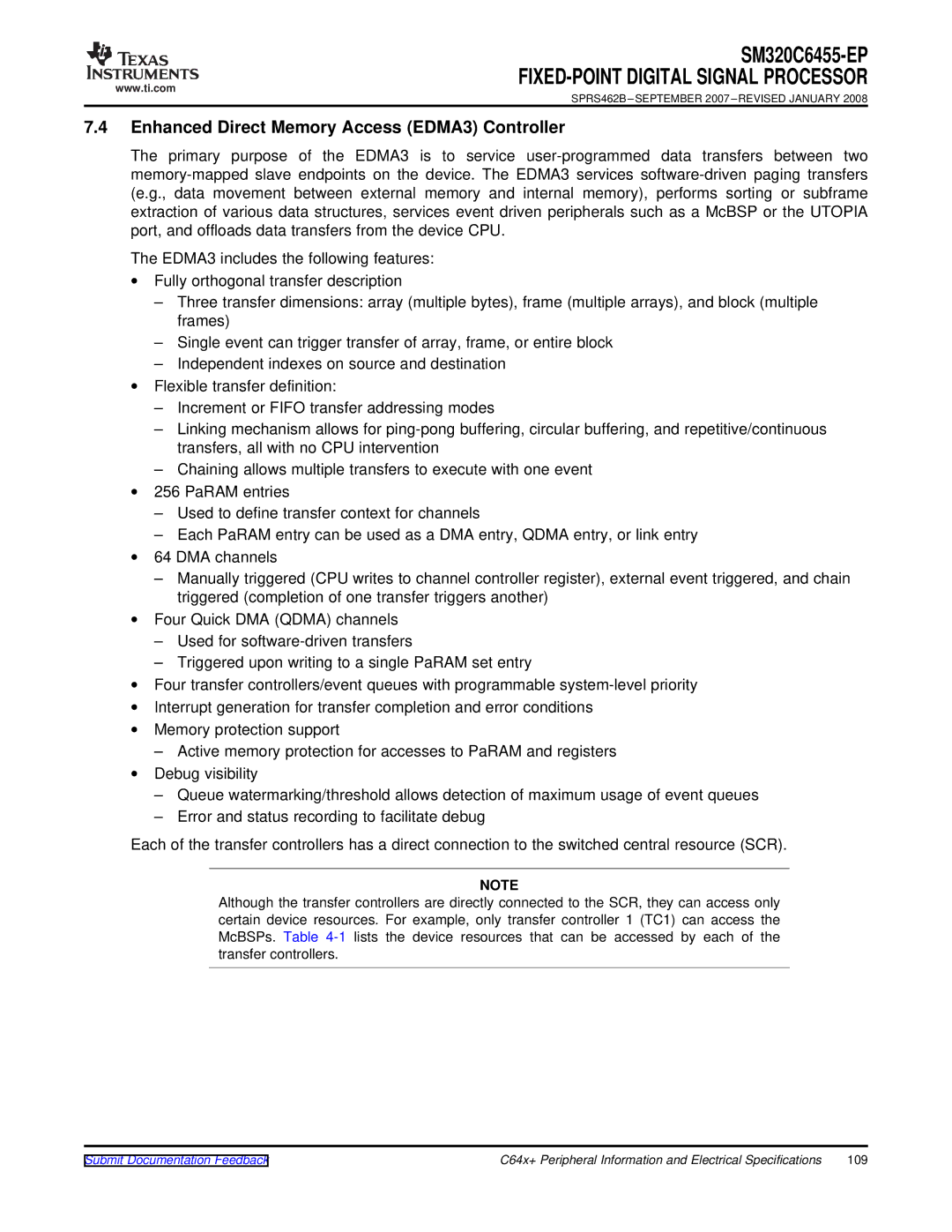 Texas Instruments SM320C6455-EP manual Enhanced Direct Memory Access EDMA3 Controller 