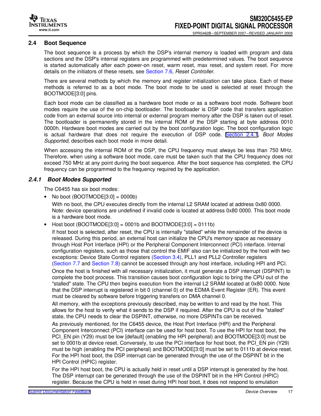 Texas Instruments SM320C6455-EP manual Boot Sequence, Boot Modes Supported 