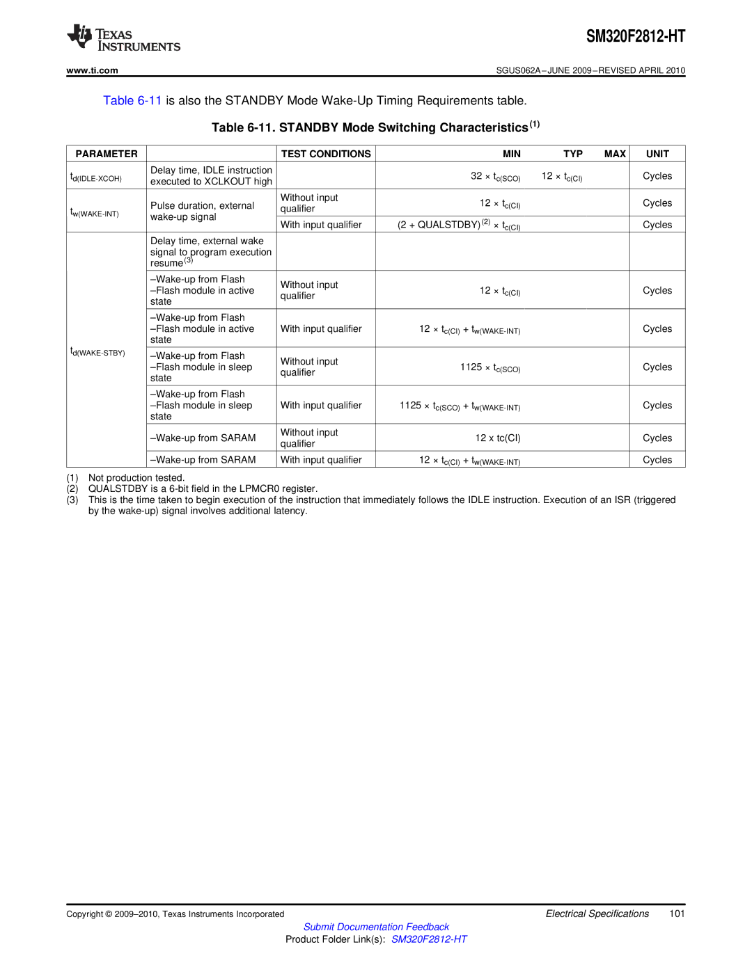 Texas Instruments SM320F2812-HT specifications Standby Mode Switching Characteristics1 