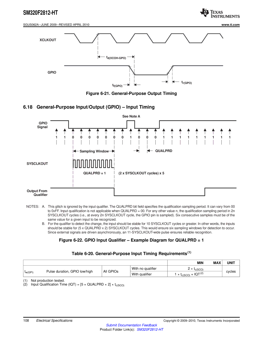 Texas Instruments SM320F2812-HT specifications General-Purpose Input/Output Gpio Input Timing, Qualprd Sysclkout 