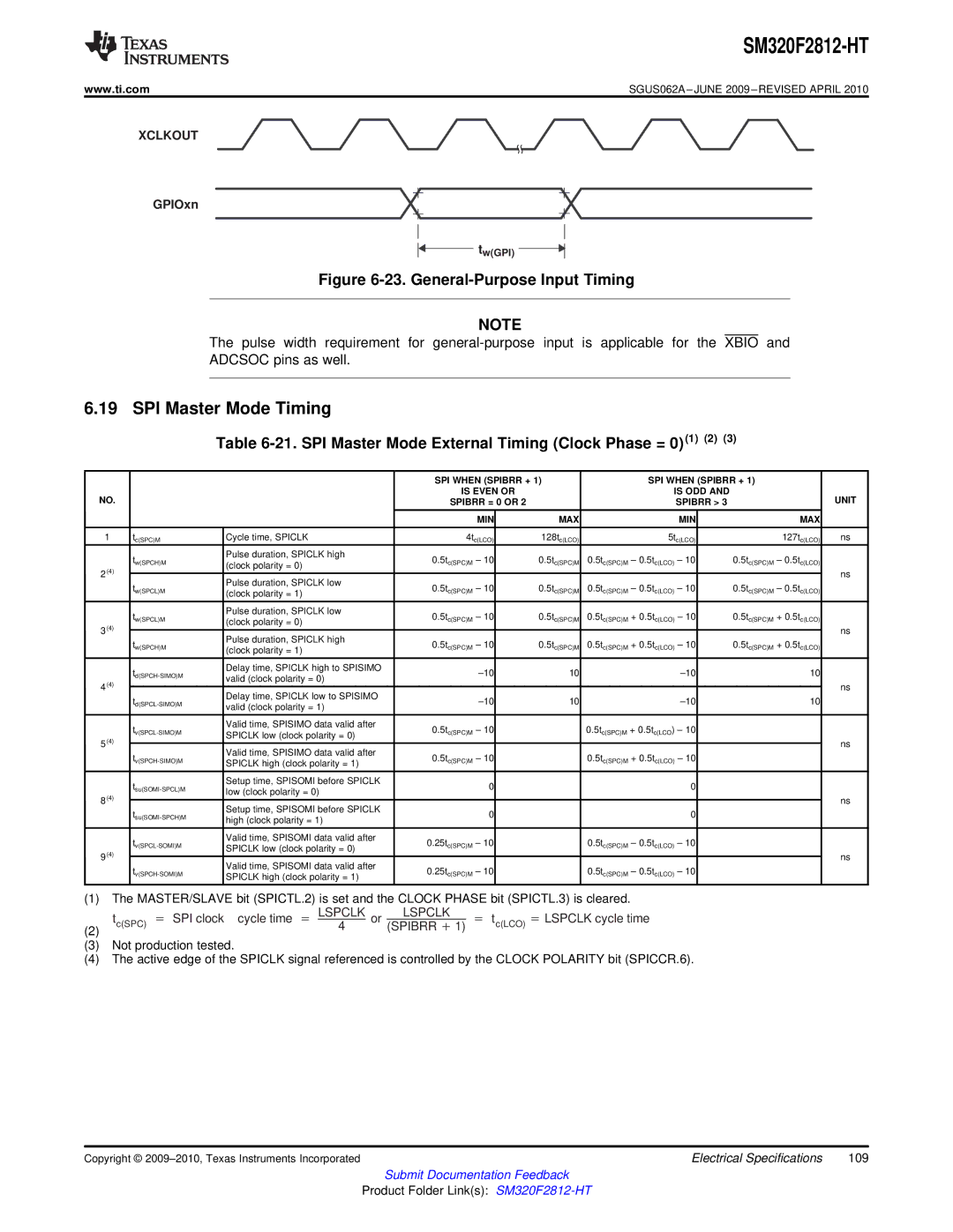 Texas Instruments SM320F2812-HT SPI Master Mode Timing, SPI Master Mode External Timing Clock Phase = 01 2, GPIOxn 