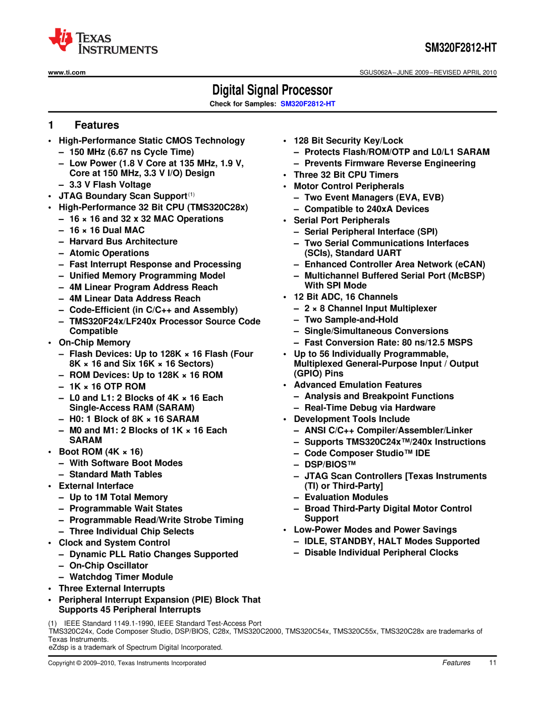 Texas Instruments specifications Digital Signal Processor, Check for Samples SM320F2812-HT 