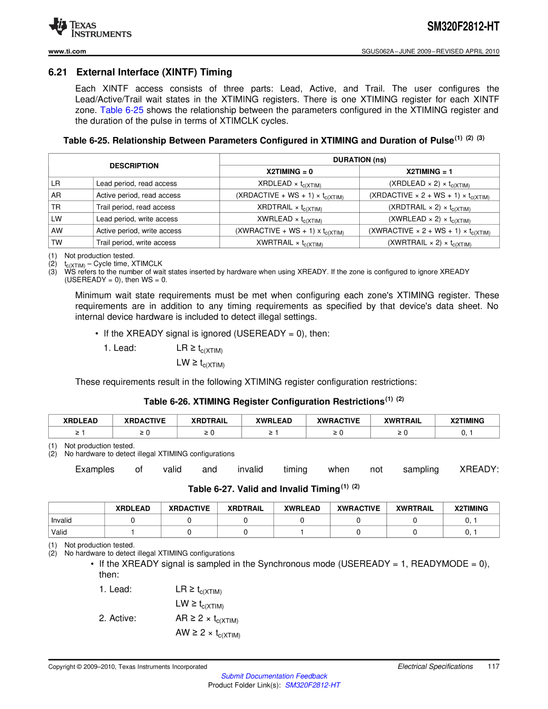 Texas Instruments SM320F2812-HT External Interface Xintf Timing, Xtiming Register Configuration Restrictions1, X2TIMING = 