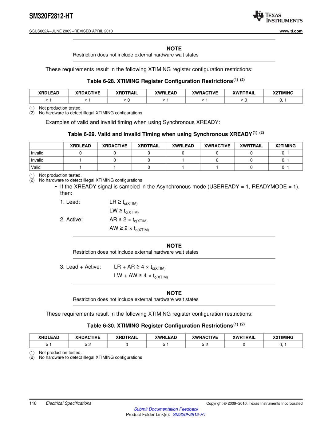 Texas Instruments SM320F2812-HT specifications Xtiming Register Configuration Restrictions1 