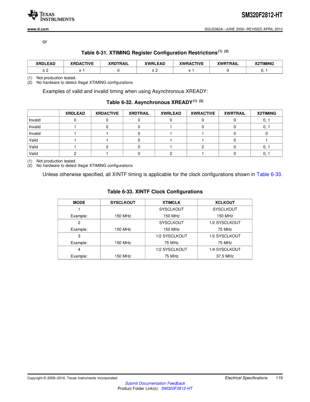 Texas Instruments SM320F2812-HT specifications Xtiming Register Configuration Restrictions1, Asynchronous XREADY1 