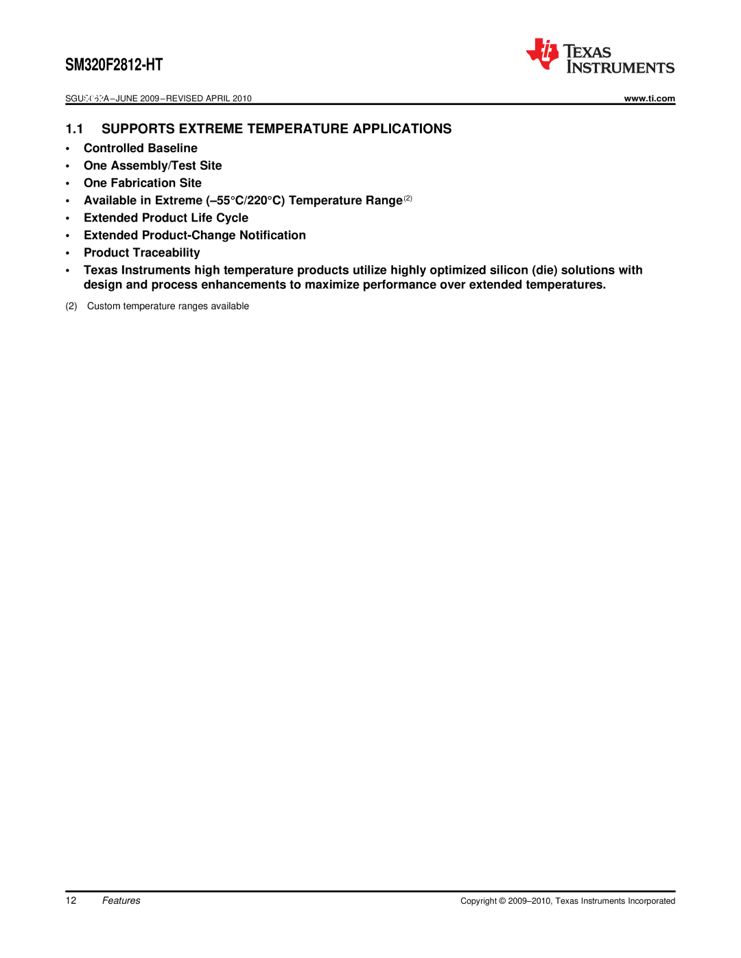 Texas Instruments SM320F2812-HT specifications Supports Extreme Temperature Applications 