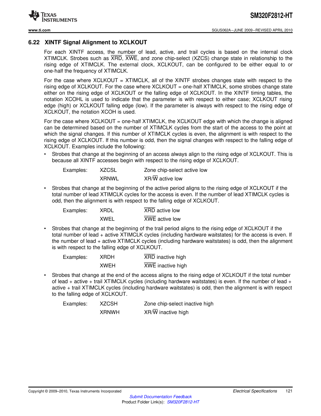 Texas Instruments SM320F2812-HT specifications Xintf Signal Alignment to Xclkout, Xr/W 