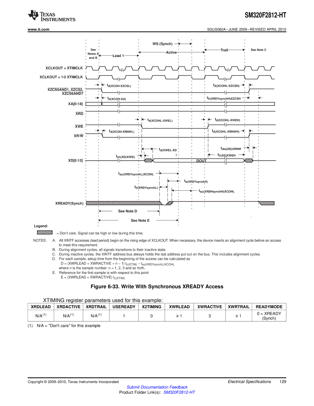 Texas Instruments SM320F2812-HT specifications Write With Synchronous Xready Access 